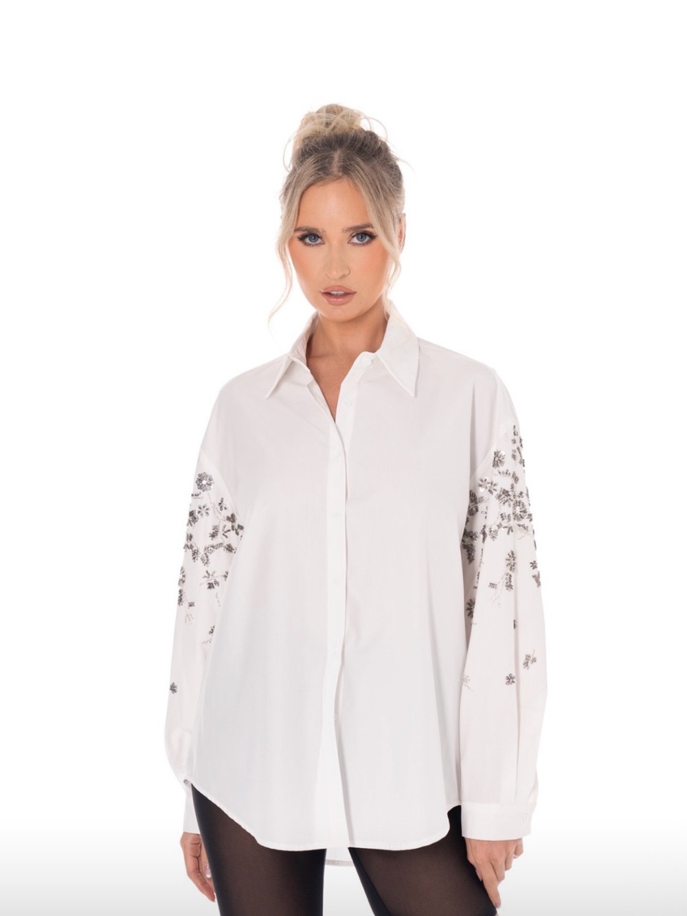 Crystal Bloom Embellished Oversized Button-Up Blouse